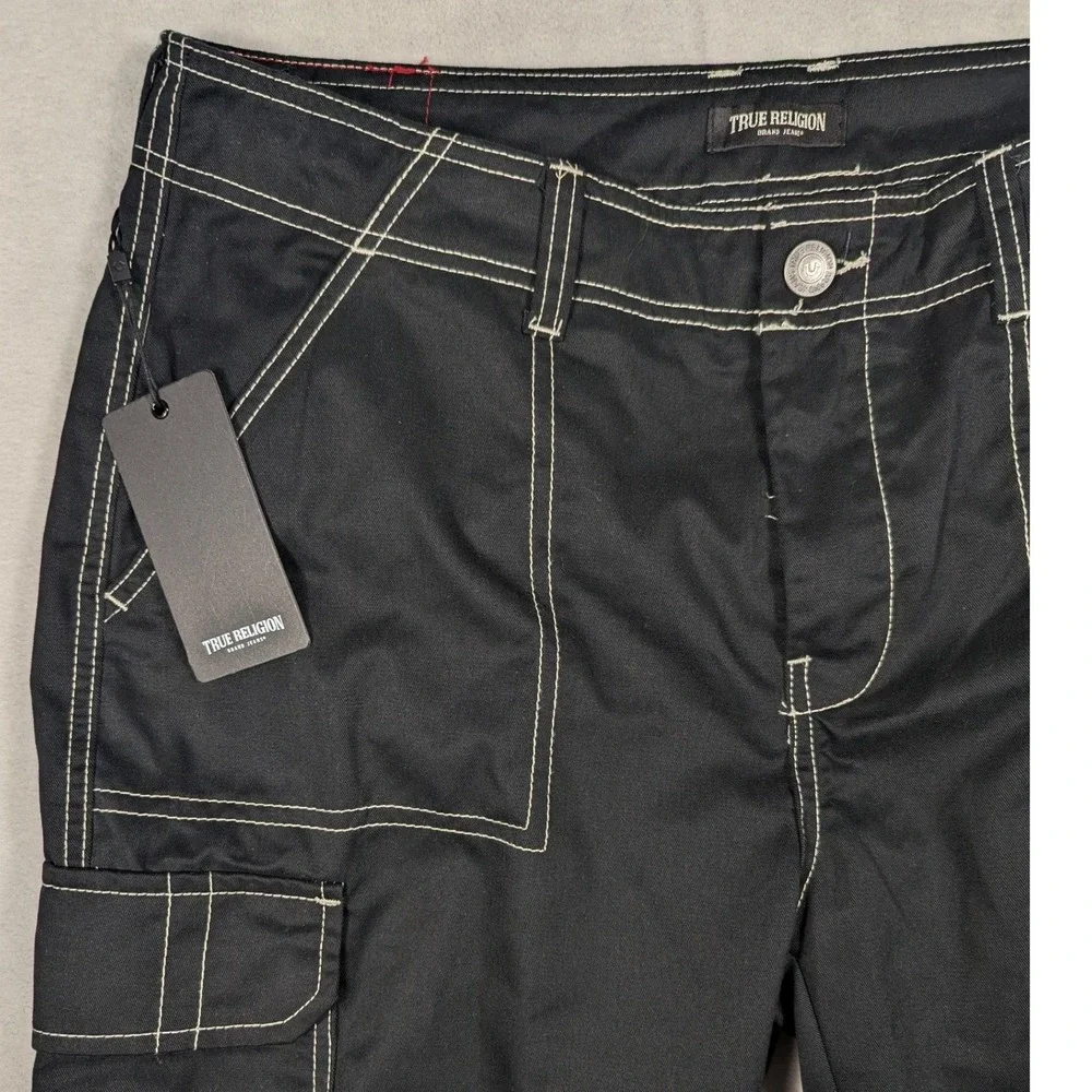 NEW True Religion Bobby Baggy Cargo Pants Jet Black Contrast Stitch Mens 34